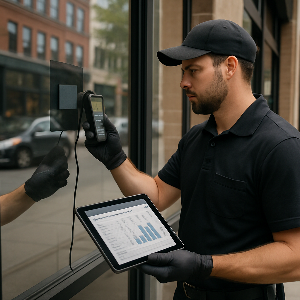 Photo realistic image of a technician performing a small sample patch on a commercial storefront window while measuring visible light transmittance with a handheld meter; daytime urban storefront, professional crew, tablet showing performance sheet