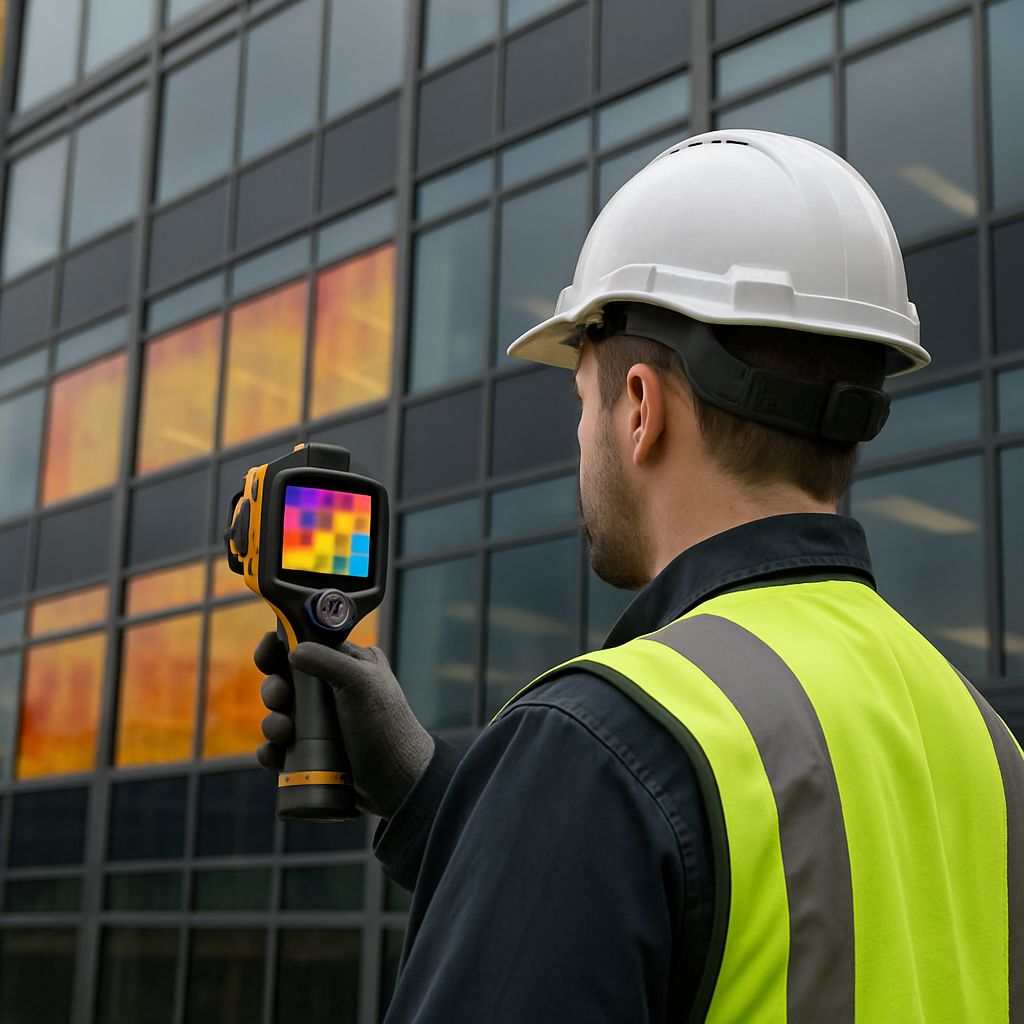 Commercial installer performing infrared thermography on a multi-story office curtainwall after window film installation, showing technician with camera and visible temperature differences on glass panes, photo realistic