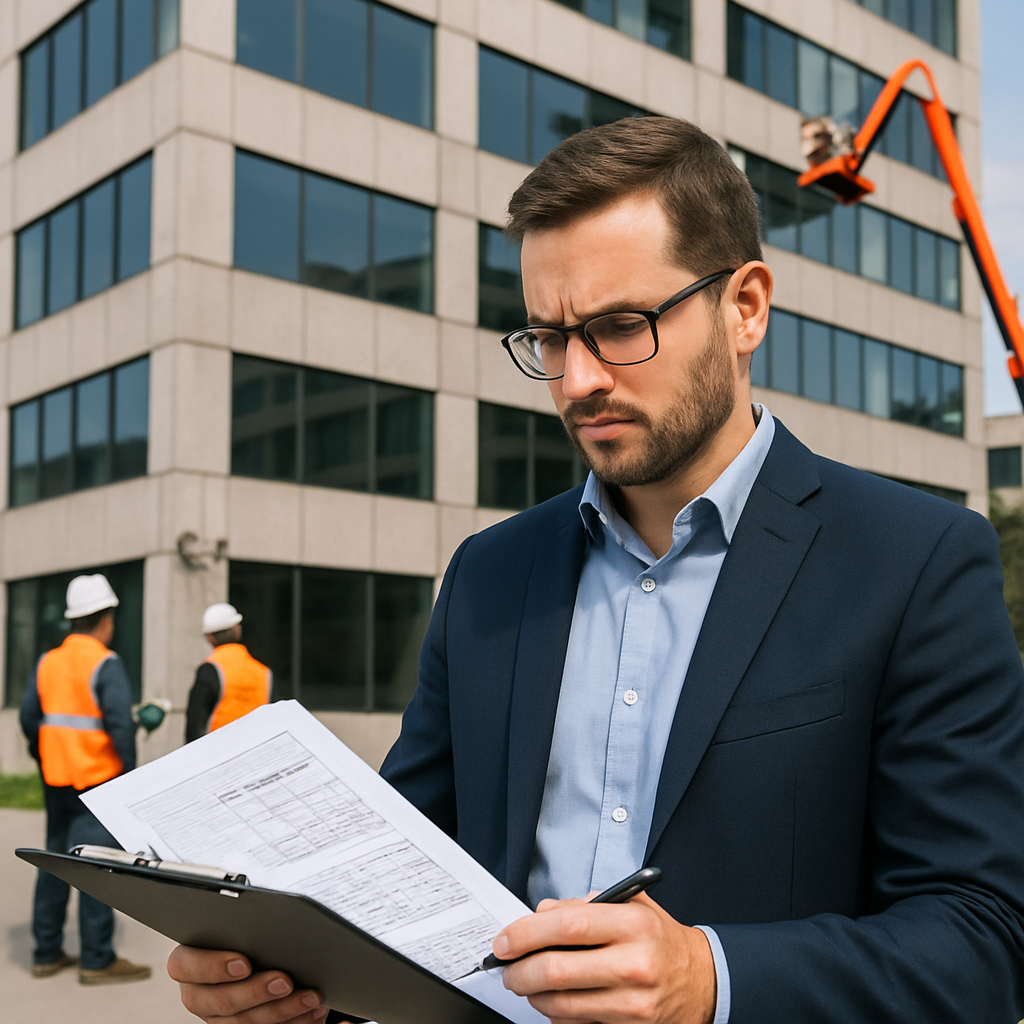 Commercial project manager reviewing installer bid documents and NFRC report on a clipboard in front of a mid-rise office building, technicians and a boom lift visible in background, photo realistic