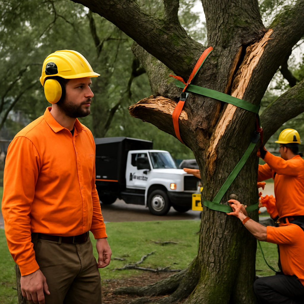 Photo realistic image of a professional arborist from Mr Tree Inc inspecting a suburban oak after a storm, crew wearing safety gear stabilizing a split limb with straps, company truck and chipper visible, daytime, professional mood