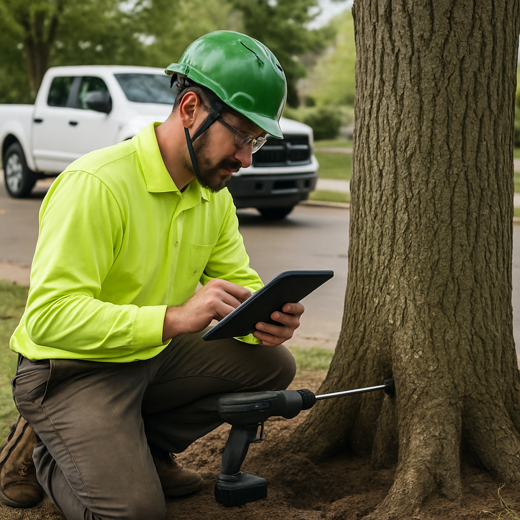 Photo realistic image of an ISA certified arborist performing a root collar excavation and resistograph test on a mature street tree, technician recording results on a tablet, company vehicle in background, daytime, professional mood