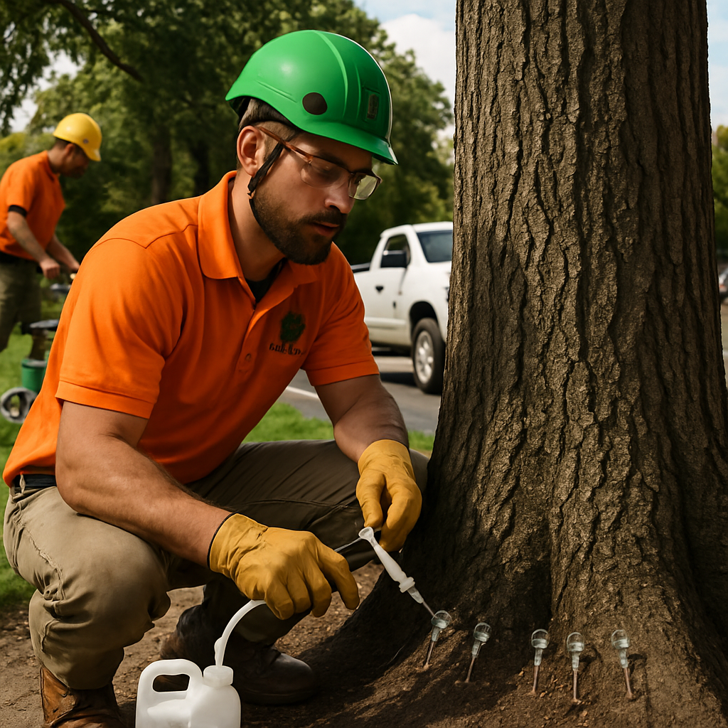 Photo realistic image of an ISA certified arborist performing a trunk injection on a mature street tree while a crew member prepares soil aeration equipment nearby, company truck visible, daytime, professional mood