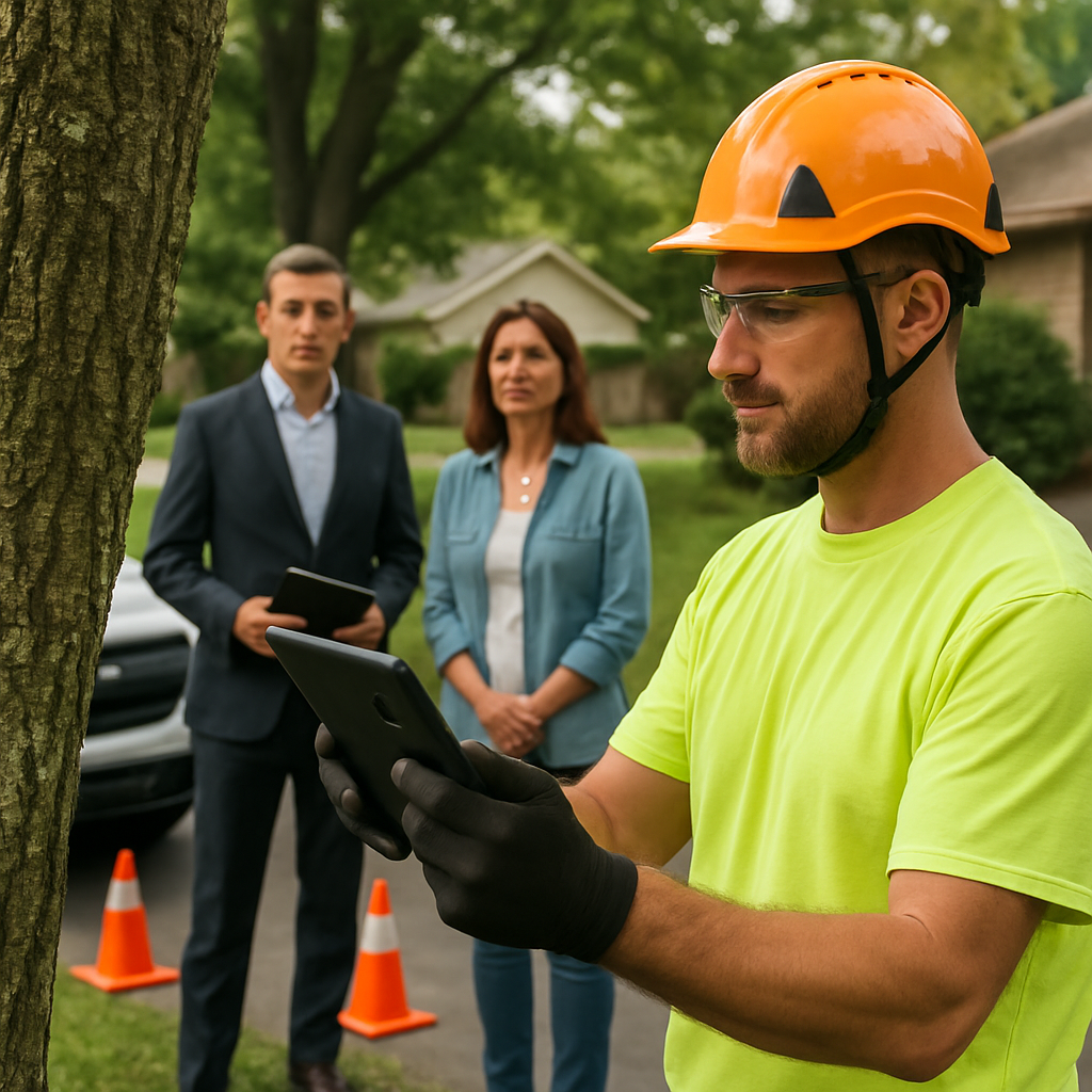 Photo realistic image of an ISA certified arborist conducting a tree risk assessment, taking GPS tagged photos on a tablet while an insurance adjuster and homeowner observe, company truck and safety cones visible, daytime, professional mood