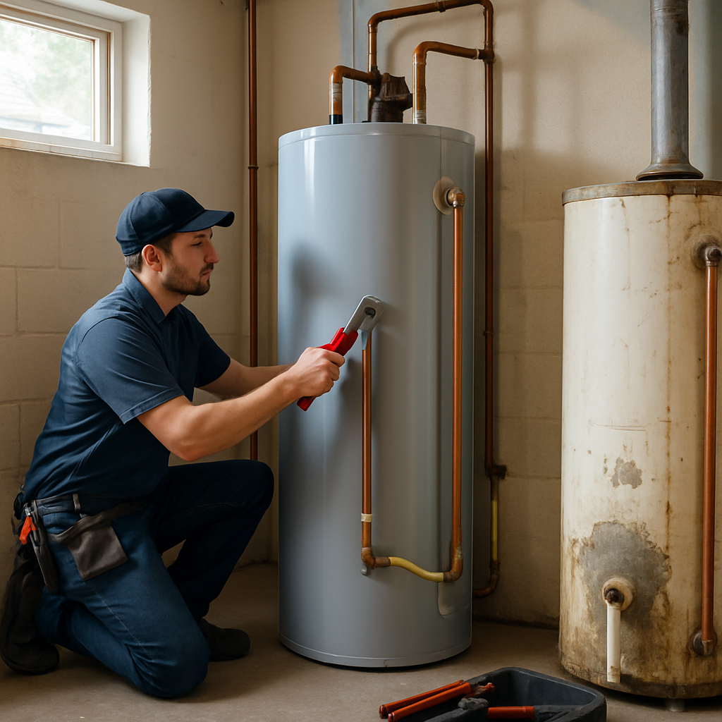 Technician installing a residential water heater in a Portland home utility room, showing technician with tools, new 50-gallon tank and removed old tank, professional worksite, daylight from small window, photo realistic