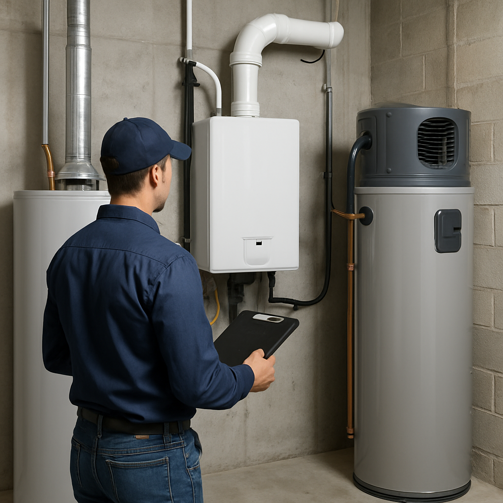 Technician comparing three water heater types in a Portland utility room: a conventional tank, an indoor tankless unit with venting components, and a heat pump water heater in a corner with visible airflow space, professional, photo realistic