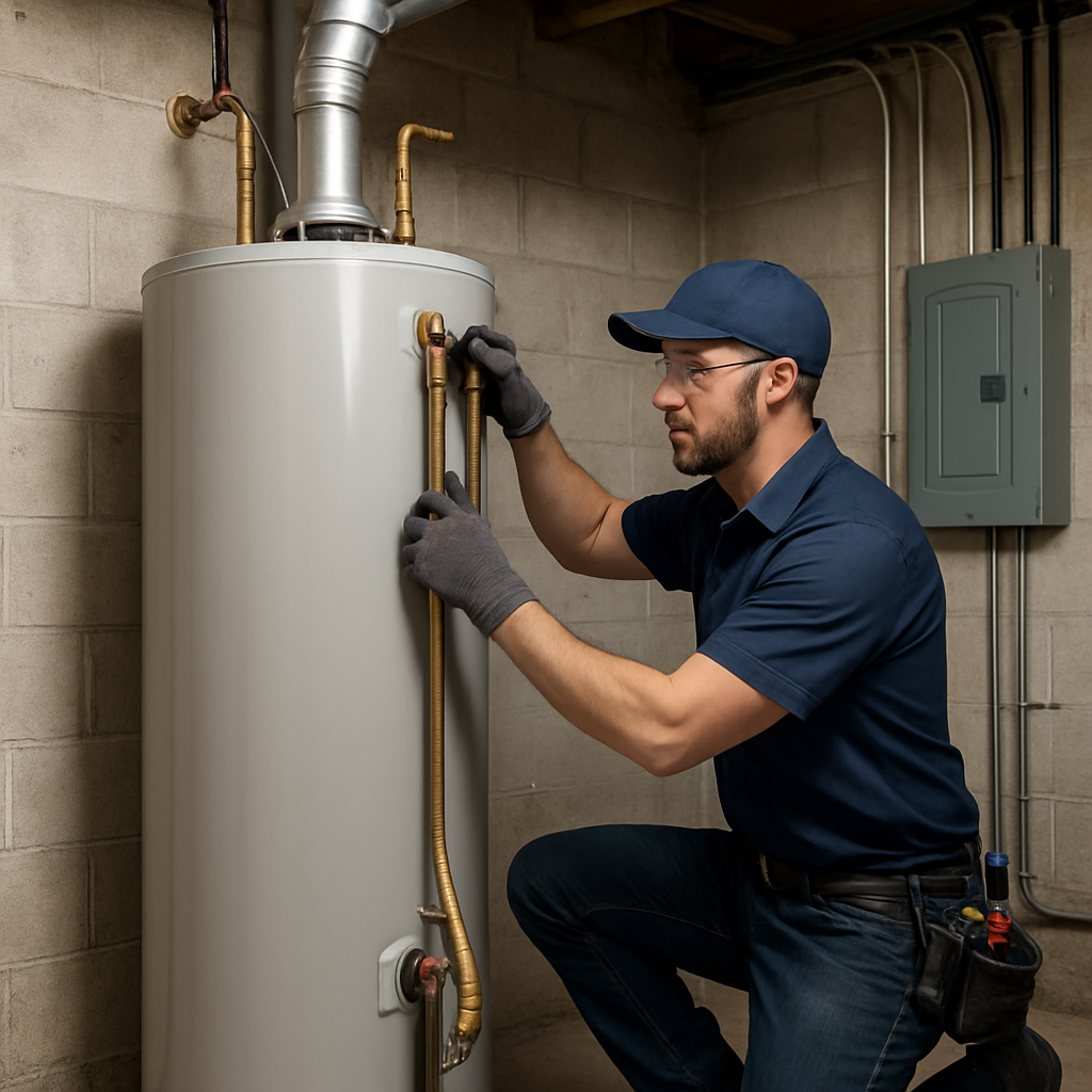 Technician performing a water heater replacement in a Portland basement utility room, showing new tank installation, technician with tools and safety gear, visible venting and electrical panel nearby, photo realistic