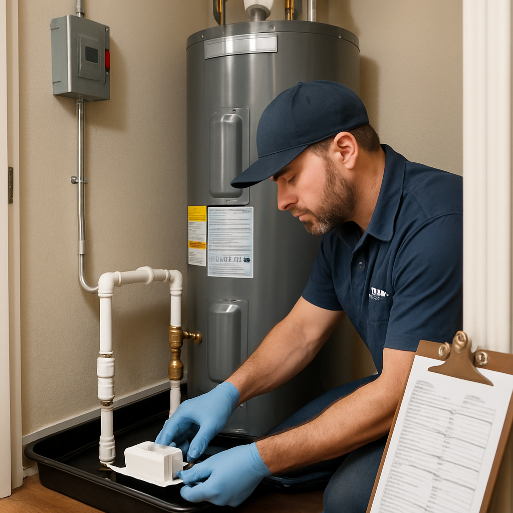 Photo realistic image of a licensed plumber fitting a condensate pump and secondary drain pan under a new residential water heater inside a Portland home utility closet, showing labeled electrical disconnect and visible permit paperwork on a clipboard, professional mood