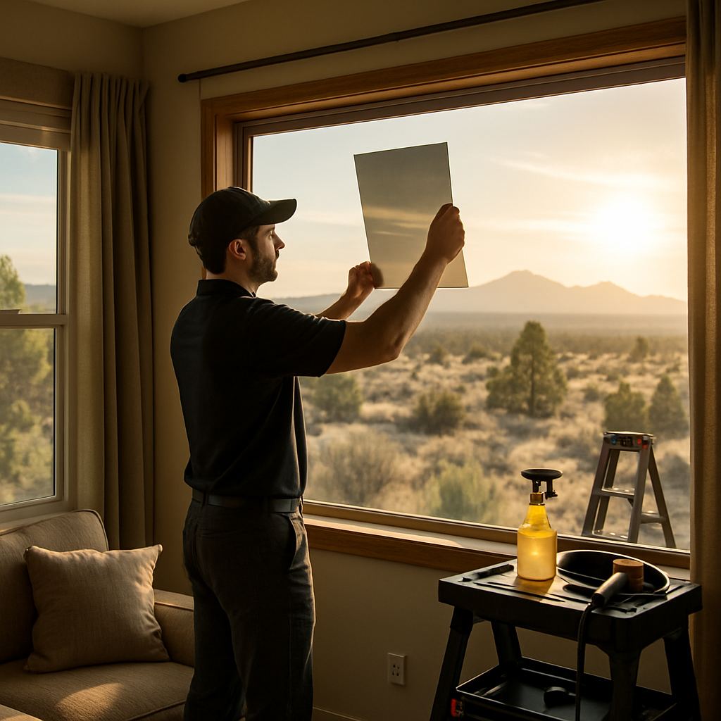 Photo realistic image of a Bend residential west-facing living room at late afternoon sun with an installer holding a film sample up to the window; visible high-desert landscape outside, professional equipment in background, natural lighting, professional mood