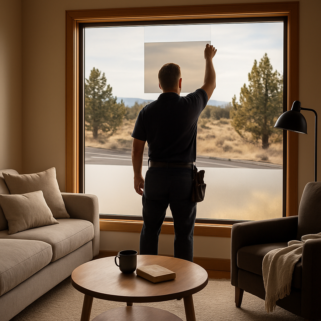 Photo realistic image of a Bend living room with a large street-facing window showing a half-frosted lower panel and an installer holding a neutral, high-VLT film sample up to the upper pane; late afternoon light, high-desert outside, professional mood