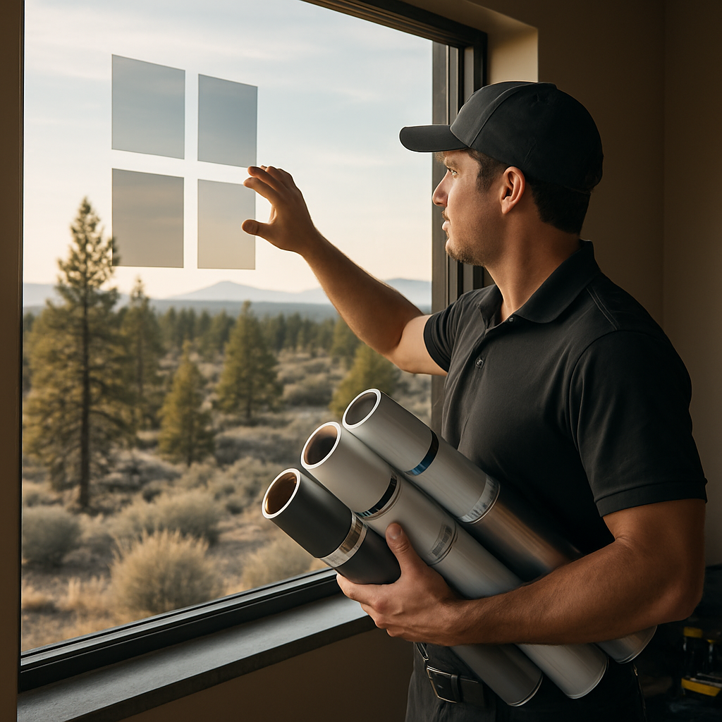 Photo realistic image of a professional installer holding rolls of labeled architectural window film from several manufacturers up to a large Bend residential window at late afternoon; visible high-desert landscape outside, sample swatches on the glass, professional equipment in background
