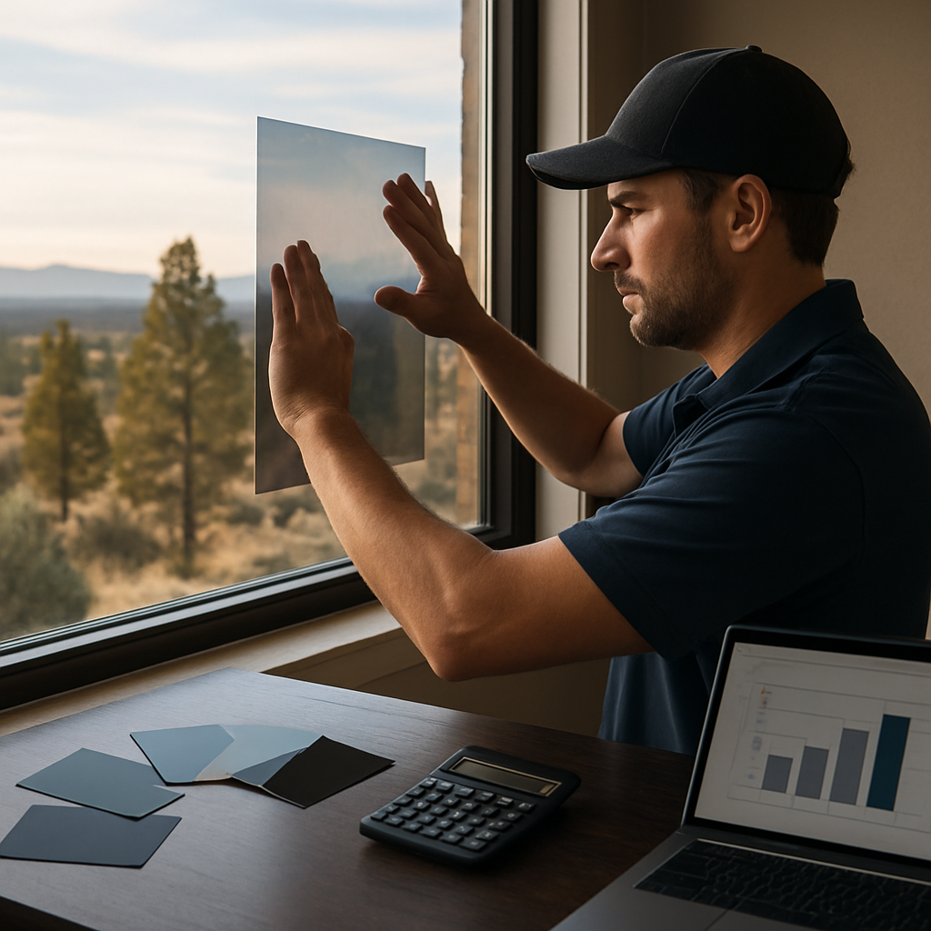 Photo realistic image of a professional installer at a Bend window, with film sample swatches, a calculator, and a laptop showing a simple ROI spreadsheet; late afternoon high-desert light outside, professional mood