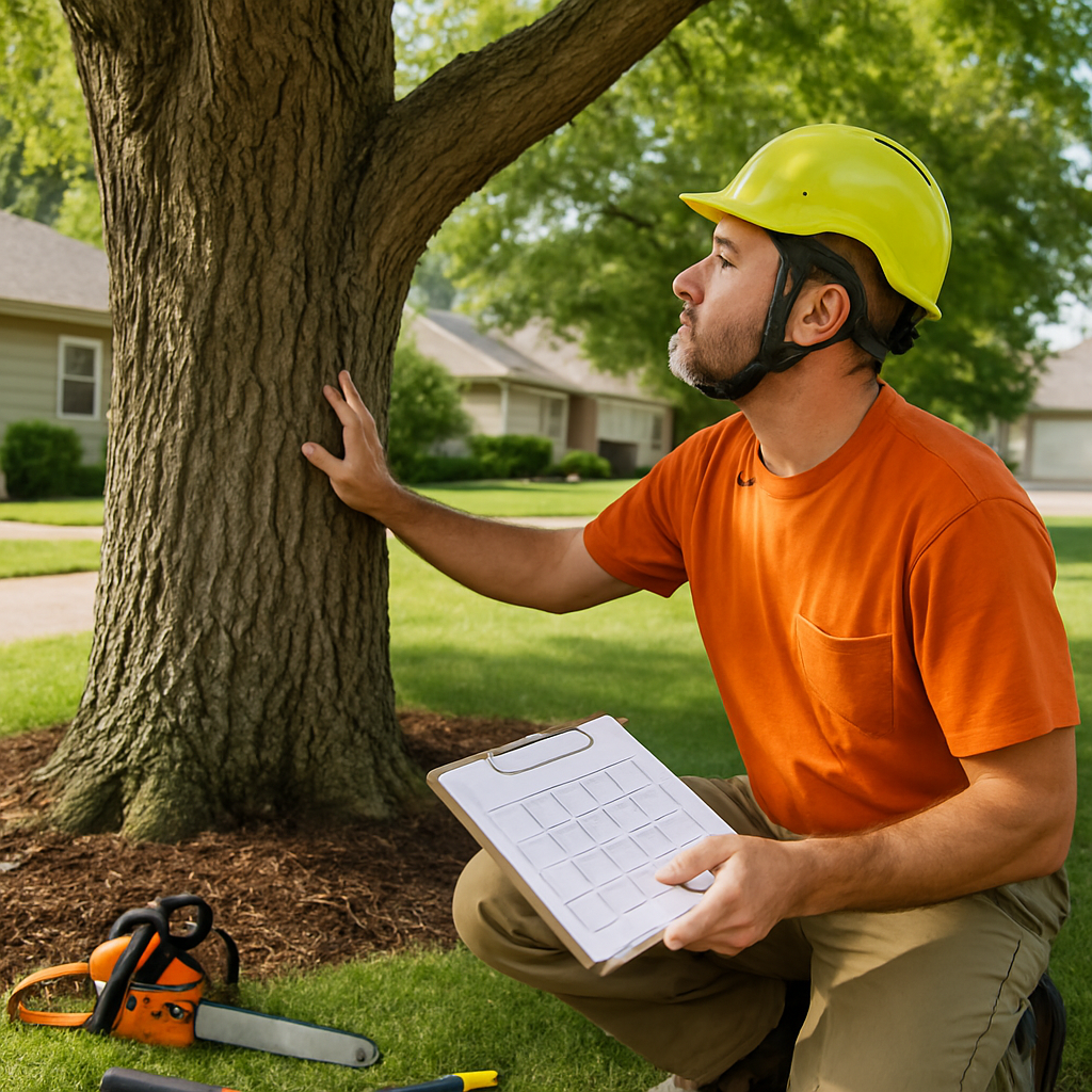Photo realistic image of a professional arborist evaluating a large suburban tree next to a printed monthly maintenance calendar, tools on the ground, and visible mulch ring; professional mood, clear daylight