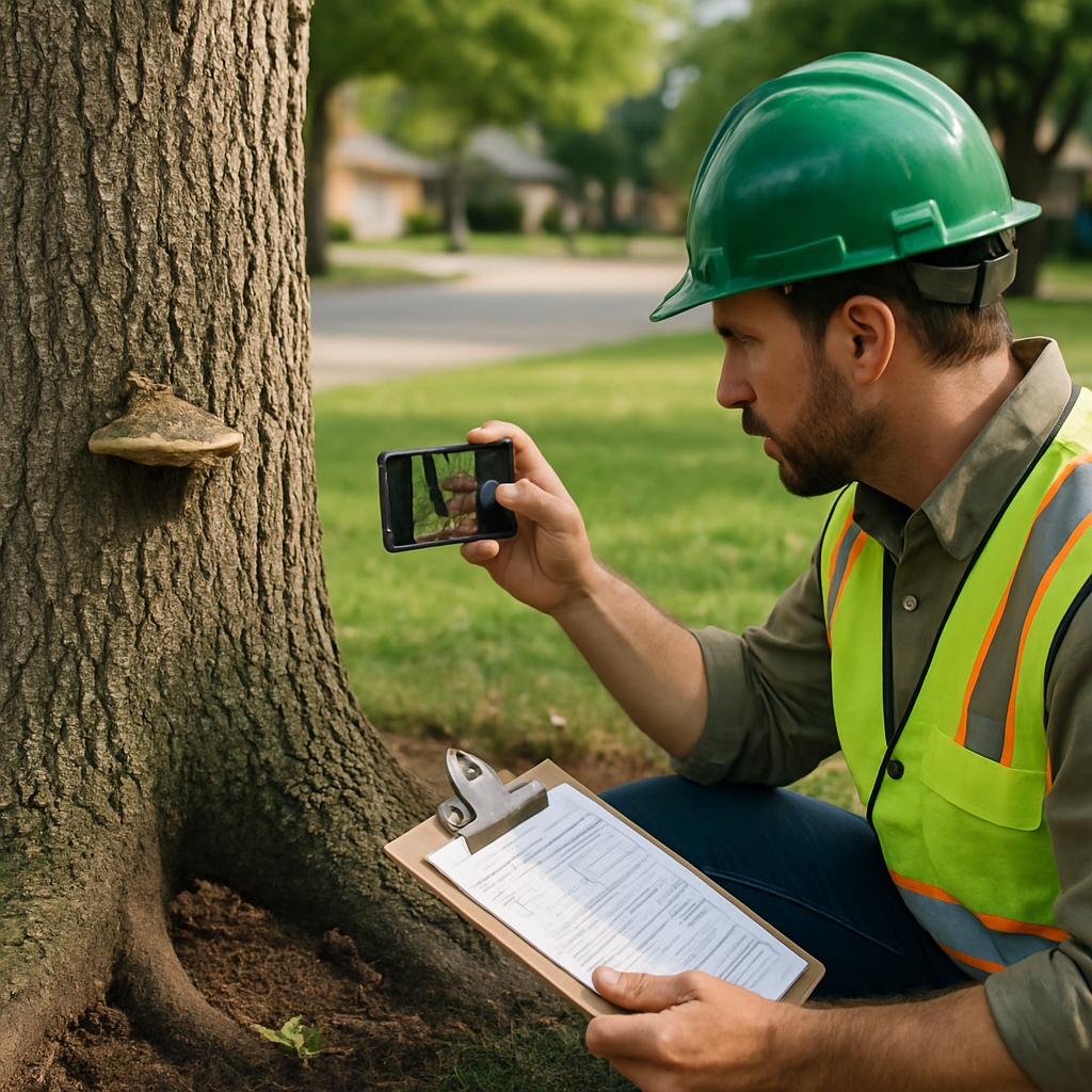 Photo realistic image of a certified arborist performing a routine inspection on a suburban oak: close-up of trunk showing a small fungal bracket, root flare being exposed, arborist taking dated photos with a smartphone and holding a clipboard checklist; professional daylight scene