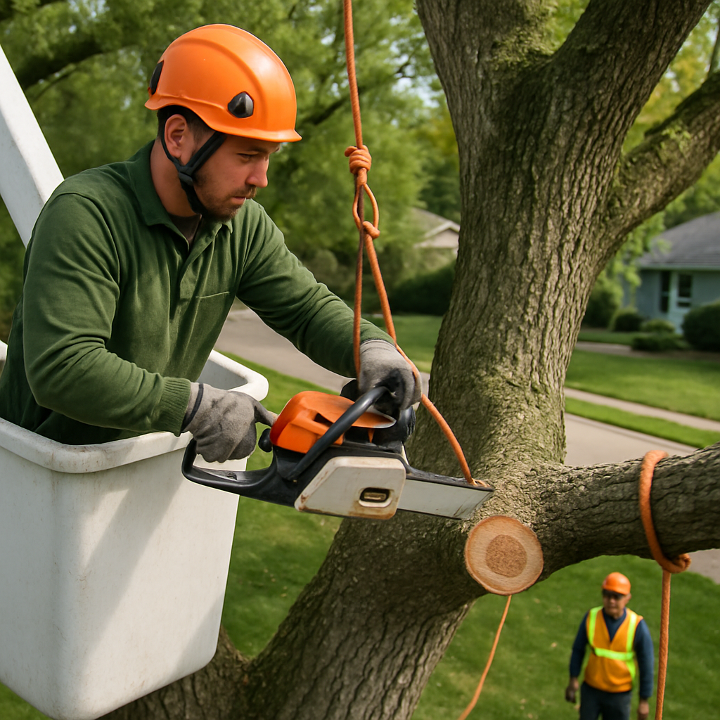 Photo realistic image of a certified arborist making a proper reduction cut on a large suburban oak using aerial lift and rope rigging, showing clean cut just outside the branch collar, crew on ground with safety gear, professional daylight setting