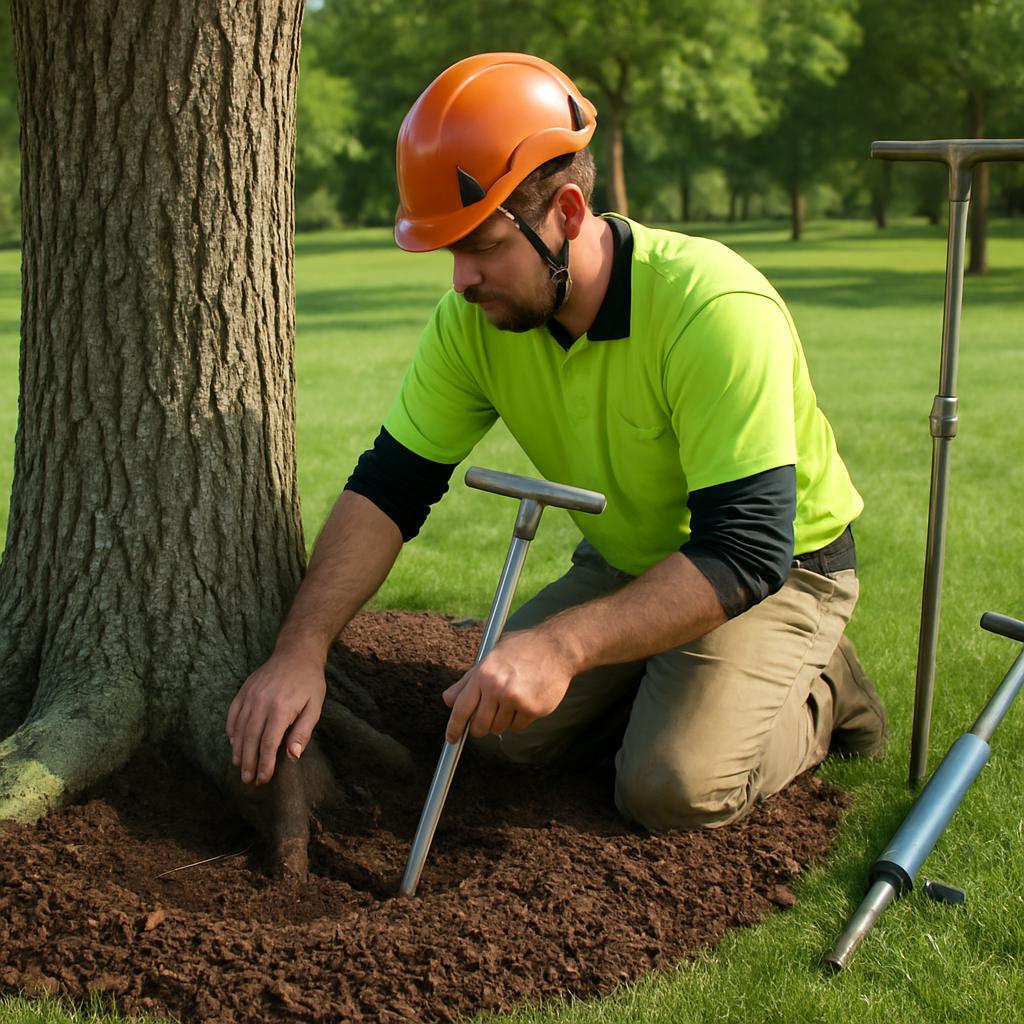 Photo realistic image of an arborist exposing a tree root flare and taking soil cores near the base, showing a correct mulch ring and tools for deep root fertilization nearby; professional daylight setting