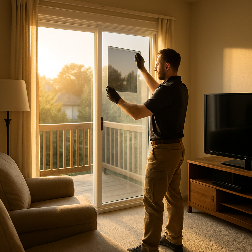 Photo realistic image of a west facing living room in Eugene during late afternoon with strong sun on a sliding glass door, an installer applying a ceramic window film sample panel, visible TV opposite the window, professional and neutral lighting