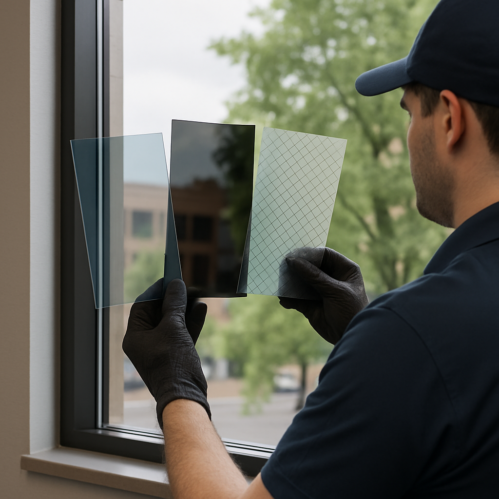Photo realistic image of an installer holding three different window film samples (spectrally selective, ceramic, and security) against an office window in Eugene, showing daylight through glass and a visible downtown tree outside, professional neutral lighting