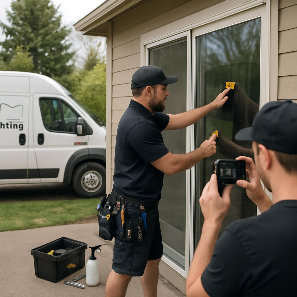 Photo realistic image of a professional installer in a Tinting Oregon van preparing tools beside a residential sliding glass door in Eugene, installer applying film with a squeegee while another person photographs the panel for documentation, neutral daylight, professional mood