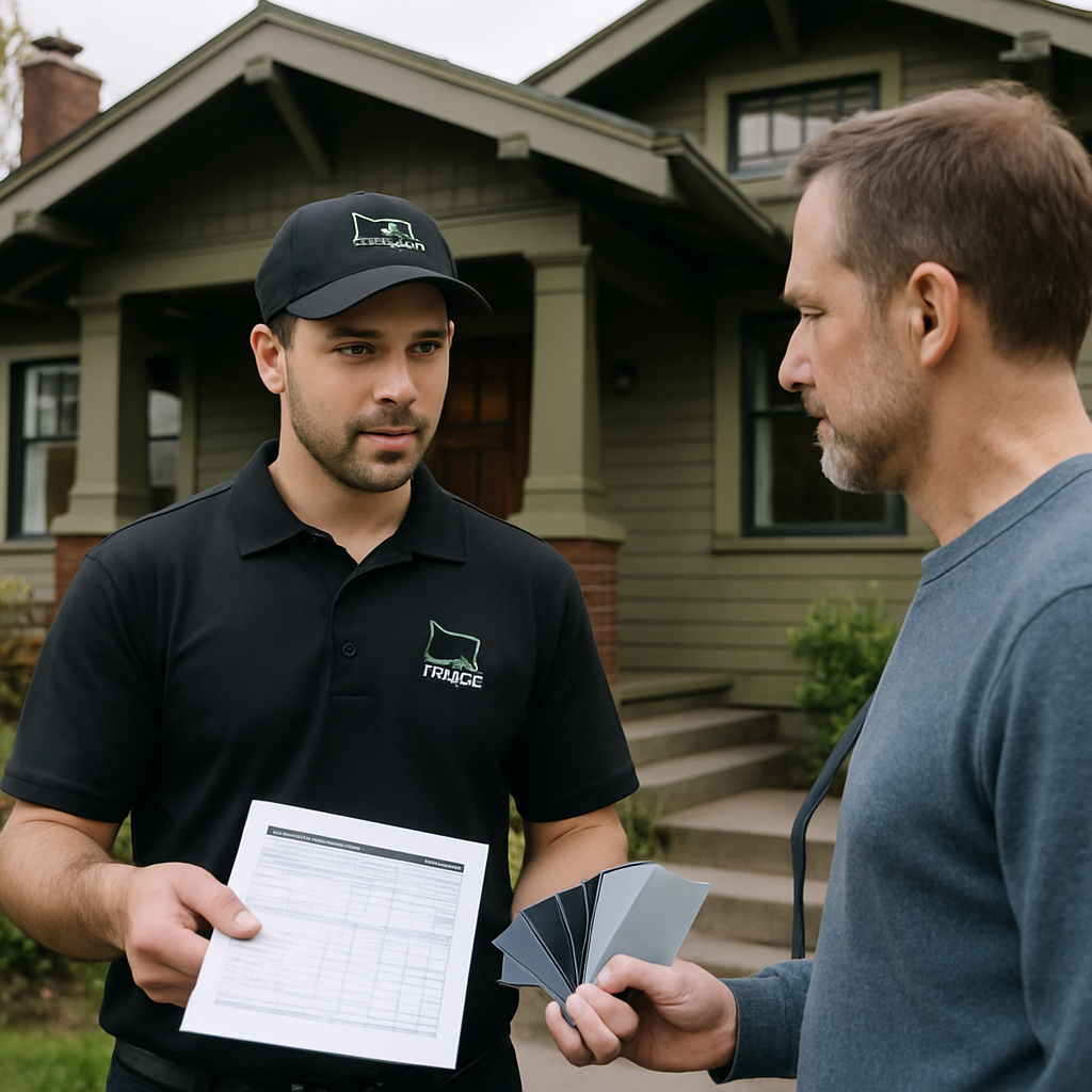 Photo realistic image of a Tinting Oregon installer on a residential front step in Eugene holding a film datasheet and sample cards with a historic bungalow in the background; installer is showing paperwork to a homeowner, professional neutral daylight, mood professional