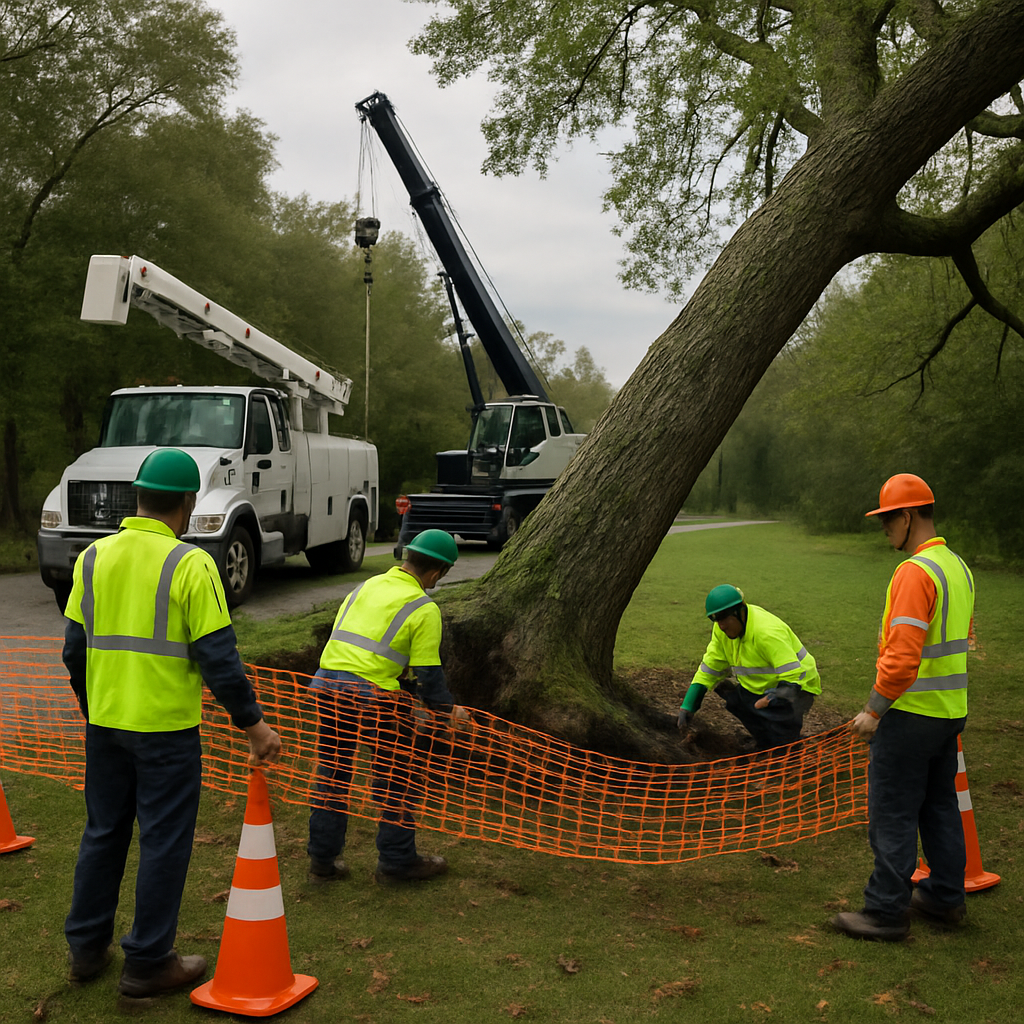Professional crew establishing an exclusion zone around a leaning storm-damaged oak, arborist inspecting the root plate while a bucket truck and crane stand ready; photo realistic, professional mood
