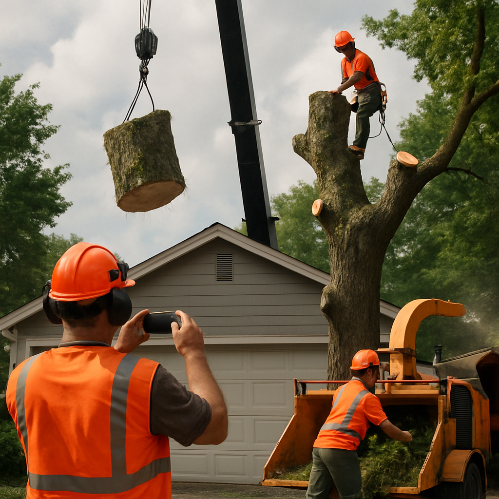Emergency tree crew performing a crane-assisted sectional removal over a garage, crew chief photographing the operation, ground crew feeding a commercial chipper; photo realistic, professional mood