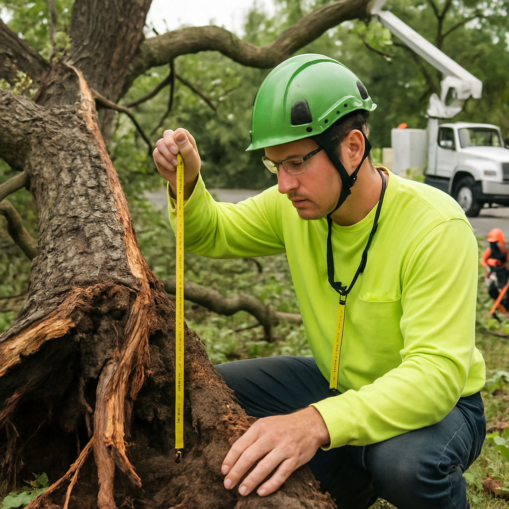 Licensed arborist examining a storm-damaged trunk and root plate while measuring canopy loss, with a crew preparing rigging and a bucket truck in the background; photo realistic