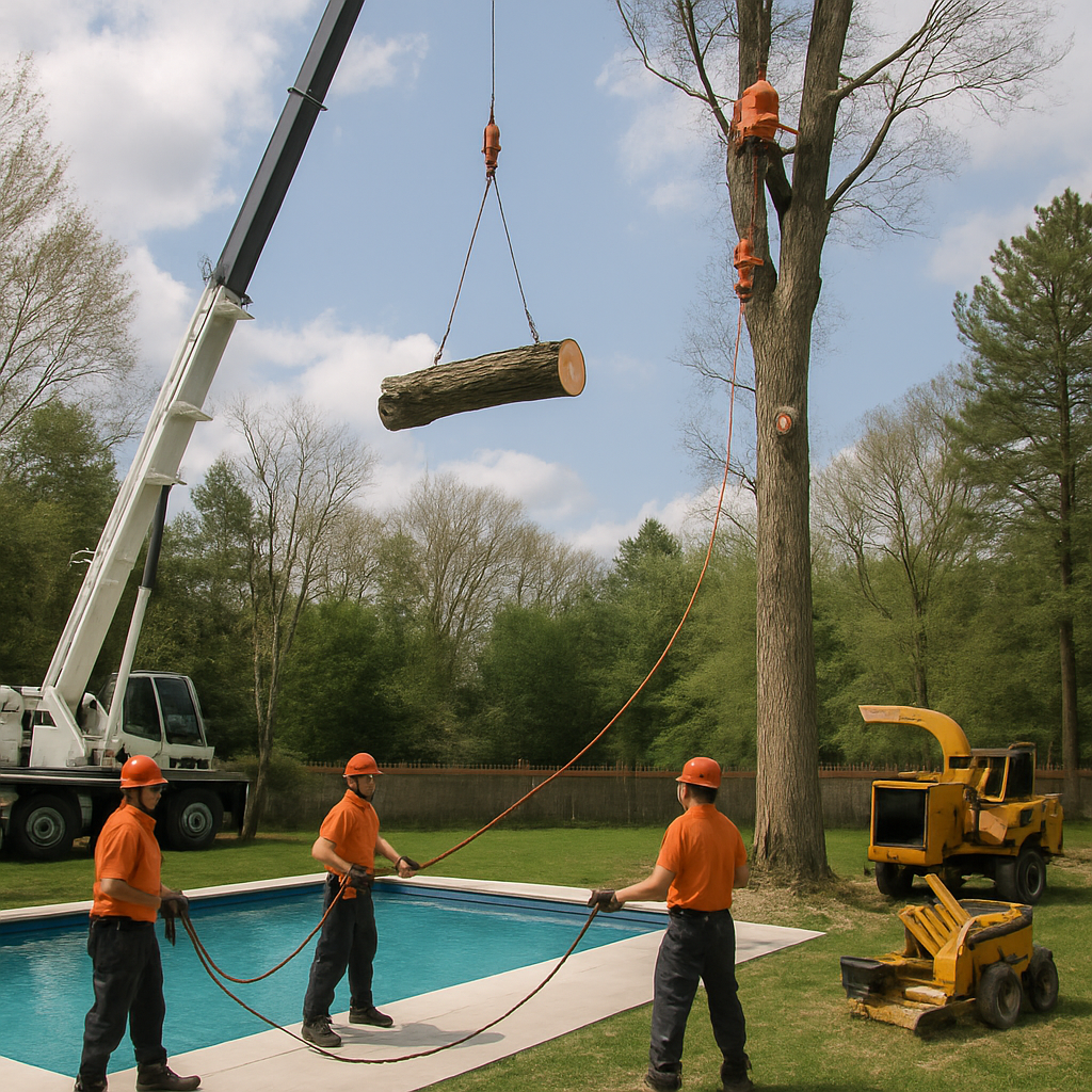 Professional crew performing crane-assisted sectional tree removal over a backyard with a pool, riggers managing tag lines while a chipper and stump grinder wait nearby; photo realistic, professional mood