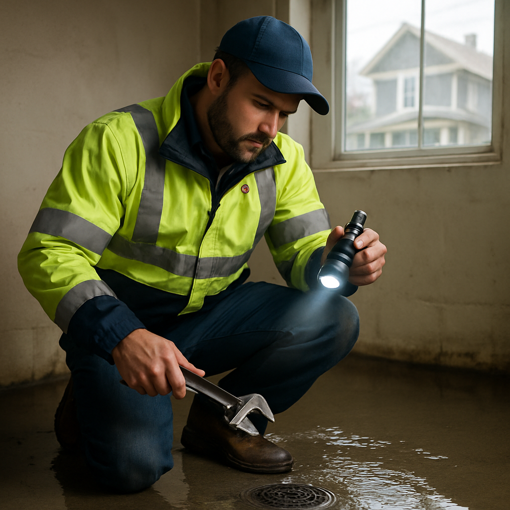 Photo realistic image of a licensed Portland plumber in high-visibility jacket kneeling beside a basement floor drain with a small flood, holding a flashlight and a wrench, Portland residential neighborhood visible through a window, professional, urgent but controlled mood