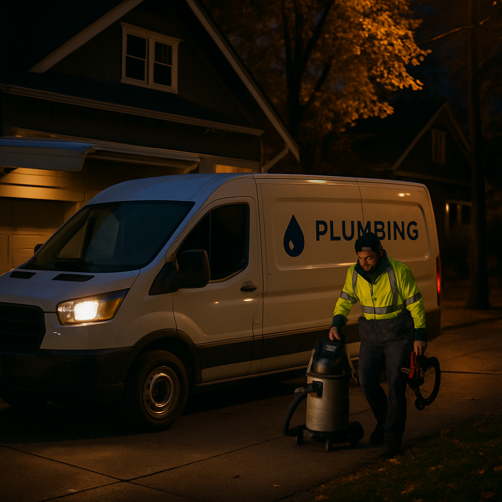 Photo realistic image of a River City Plumbing branded service van pulling into a residential Portland driveway at night, a technician in reflective jacket unloading a wet-dry vacuum and pipe clamp, warm streetlights, professional and urgent mood