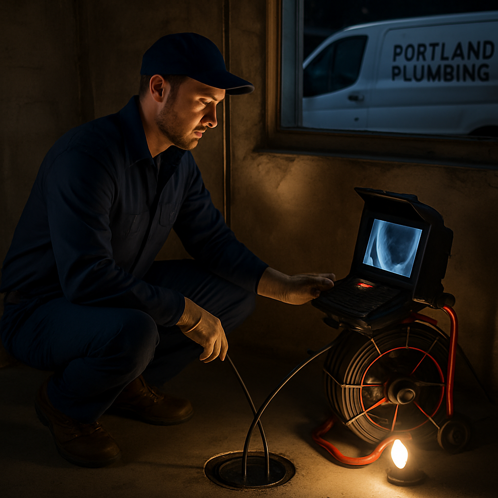 Photo realistic image of a licensed Portland plumber at night using a sewer camera monitor beside a basement floor drain with soft work light, branded van visible outside, professional and calm mood