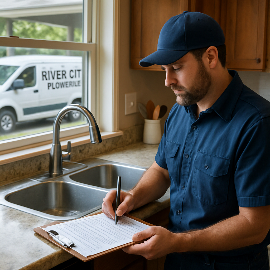 Photo realistic image of a River City Plumbing technician writing a clearly itemized estimate on a clipboard at a residential kitchen sink with visible minor water pooling, branded van in driveway, professional and practical mood