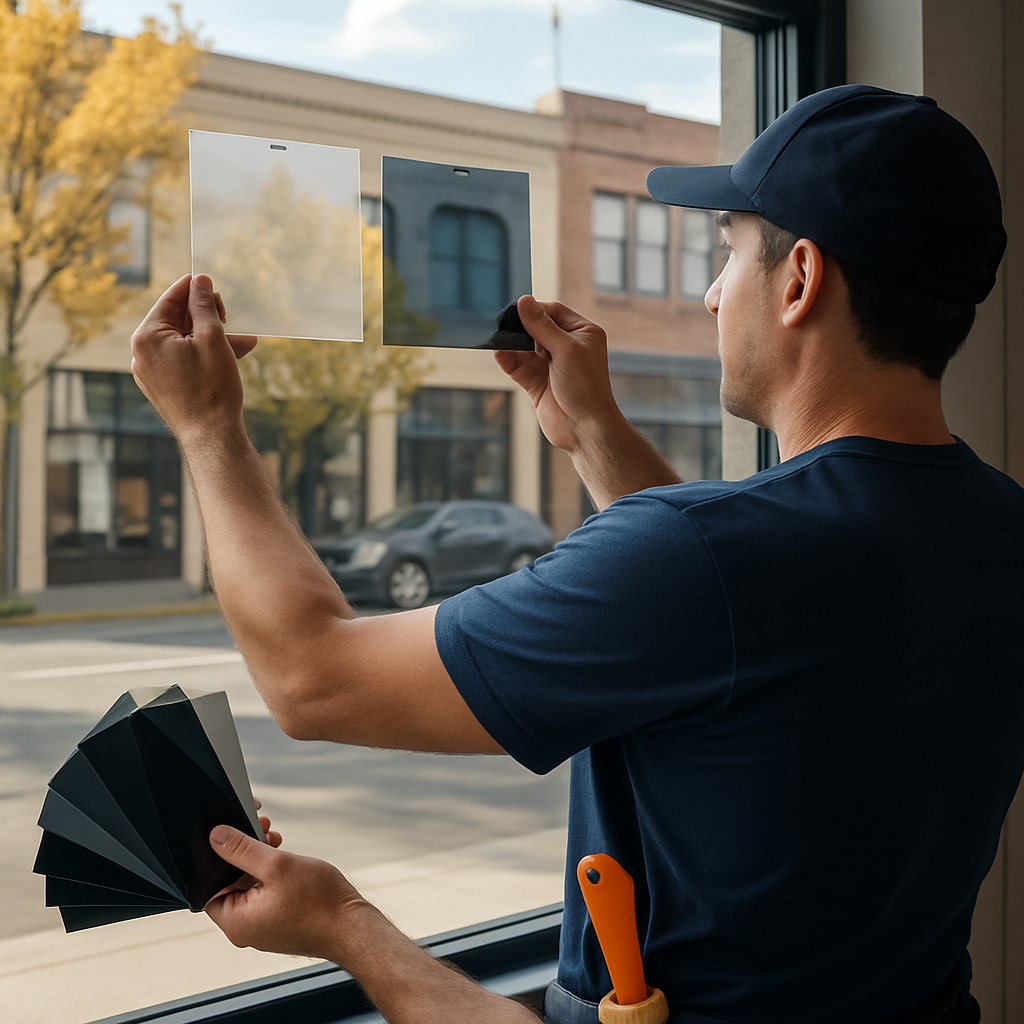 Installer holding ceramic and spectrally selective film samples against a downtown Medford storefront window with Rogue Valley light coming through; tools and sample swatches visible; photo realistic, professional