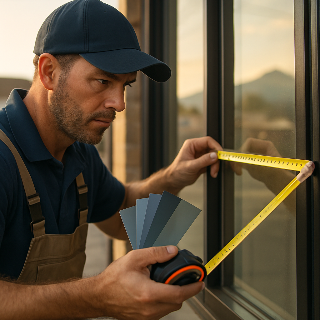 Close-up of an installer measuring window glass on a Medford storefront with measuring tape and a film sample swatch visible; Rogue Valley light in background; photo realistic