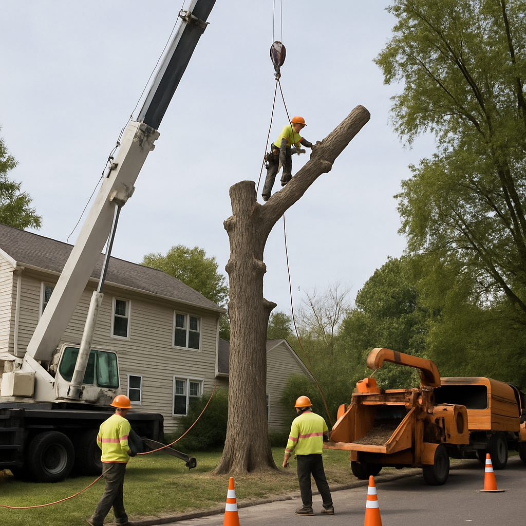 Photo realistic image of a professional tree removal crew using a crane and chipper to remove a large tree next to a residential house, workers in high visibility gear, safety ropes and traffic cones visible, daytime, professional mood