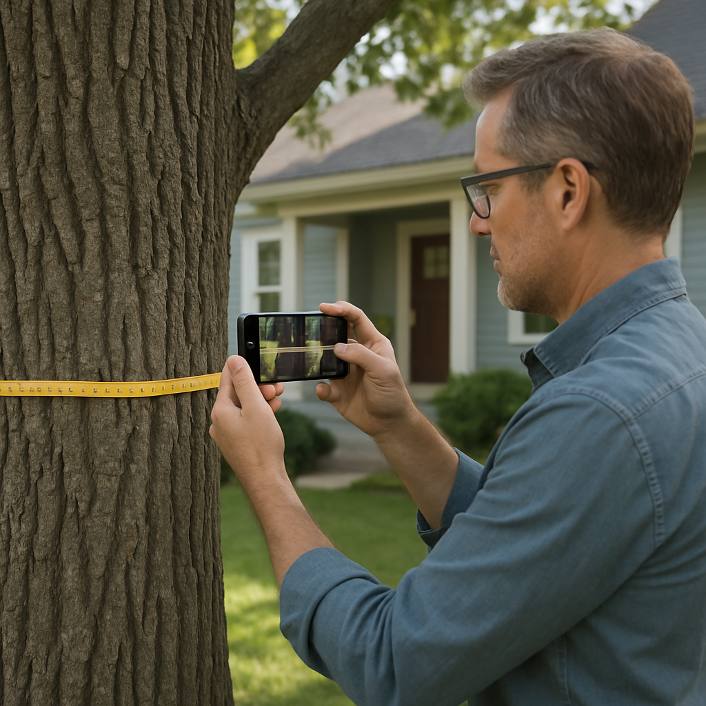 Photo realistic image of a homeowner photographing a large residential tree from multiple angles with a tape measure wrapped around the trunk, smartphone visible, house in background, daylight, professional mood