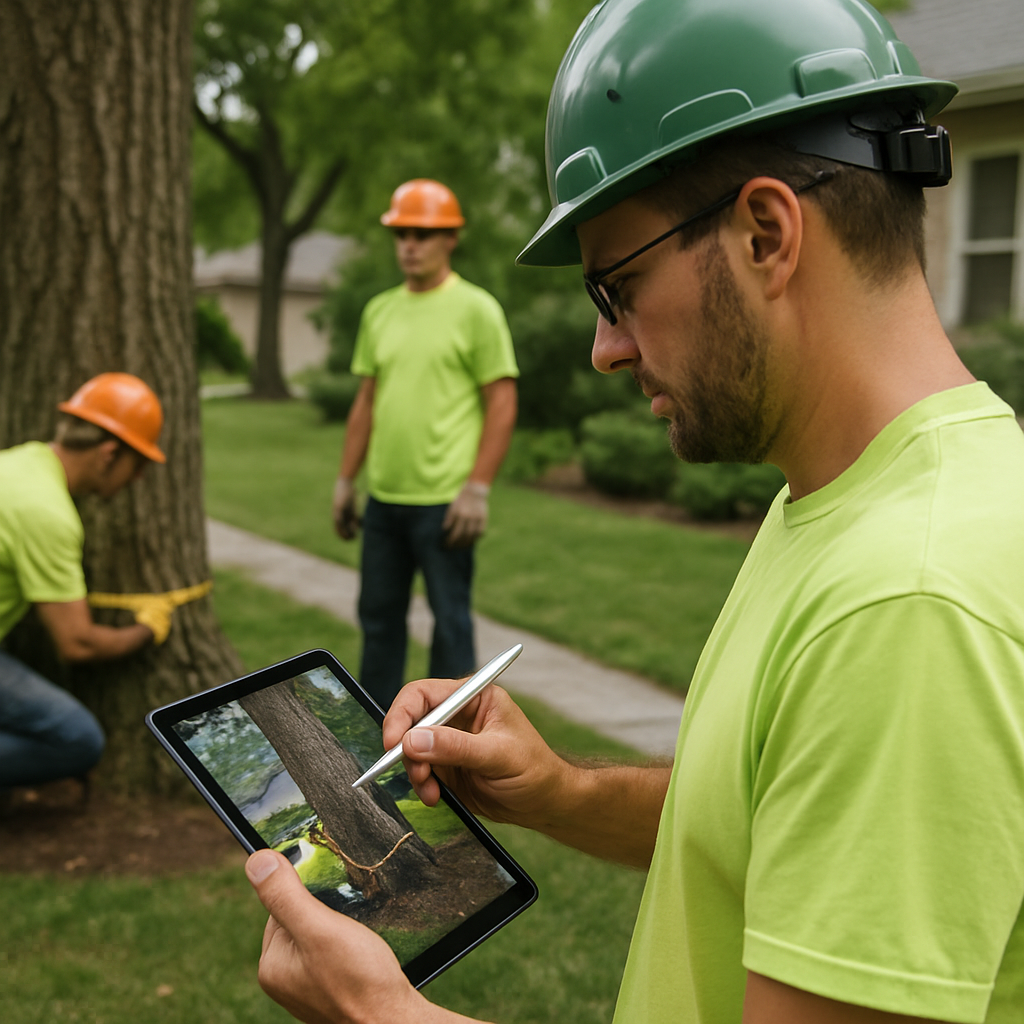 Photo realistic image of a certified arborist using a tablet to annotate photos and measurements on site while a crew measures trunk diameter and inspects access for a residential tree removal, daytime, professional mood