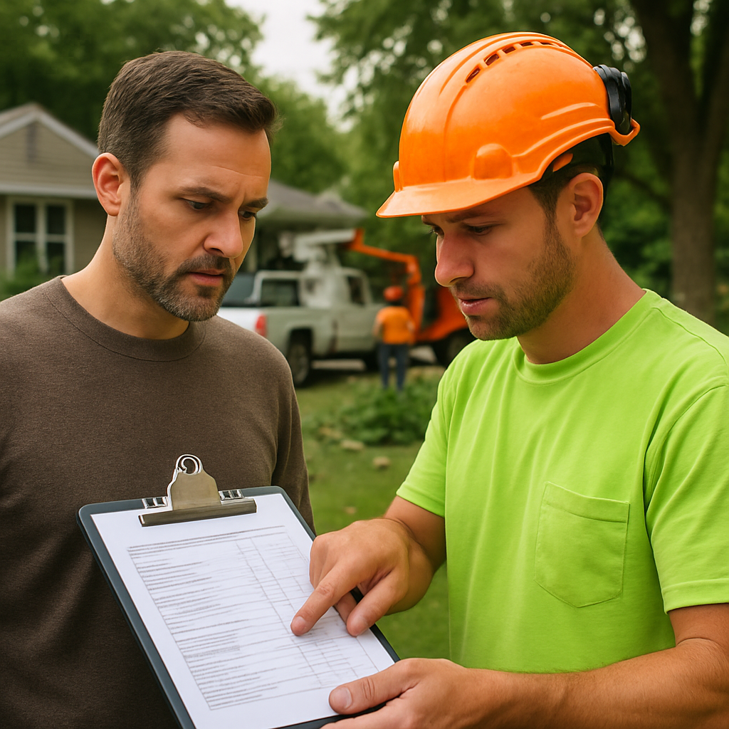 Photo realistic image of a homeowner and a certified arborist reviewing an itemized tree removal estimate on a clipboard in a residential yard, arborist pointing to line items, crew and equipment visible in background, daytime, professional mood