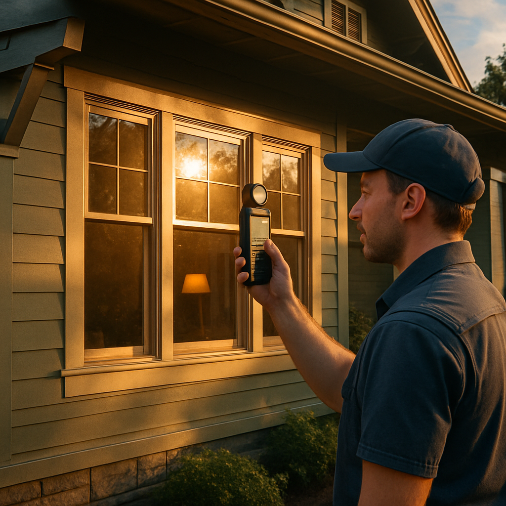 Photo realistic image of a Beaverton craftsman house late afternoon sun hitting west-facing living room windows, installer measuring solar exposure with a handheld light meter, professional mood