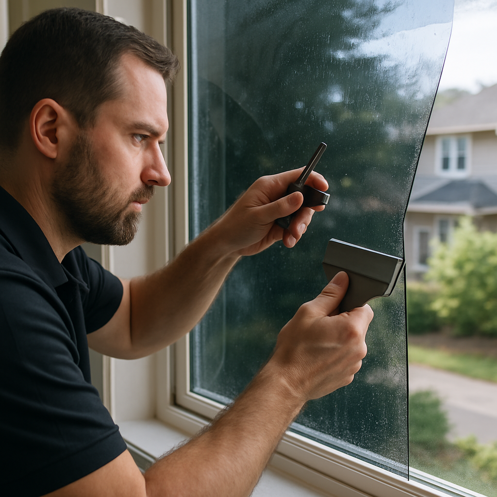 Photo realistic close-up of a professional installer applying ceramic window film to a residential window in Beaverton during daylight, showing fine tools and a clear view through the treated glass, professional mood