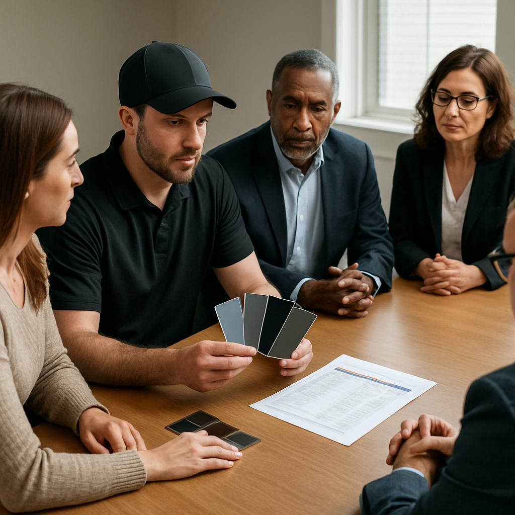 Photo realistic image of a homeowner and installer sitting with HOA board members at a meeting table, showing film swatches and a printed specification sheet, professional mood