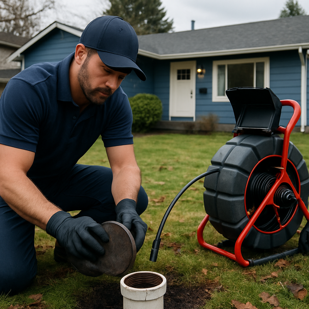 Photo realistic image of a plumber in a Portland yard removing a round mainline cleanout cap with a RIDGID SeeSnake camera and push reel visible, professional equipment, overcast Northwest lighting, residential home in background