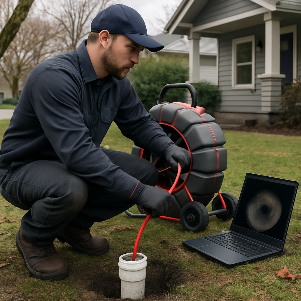 Photo realistic image of a plumber inserting a RIDGID SeeSnake camera into a residential outdoor cleanout in a Portland yard, overcast sky, professional gear and an open laptop showing live pipe footage, house and mature street trees visible