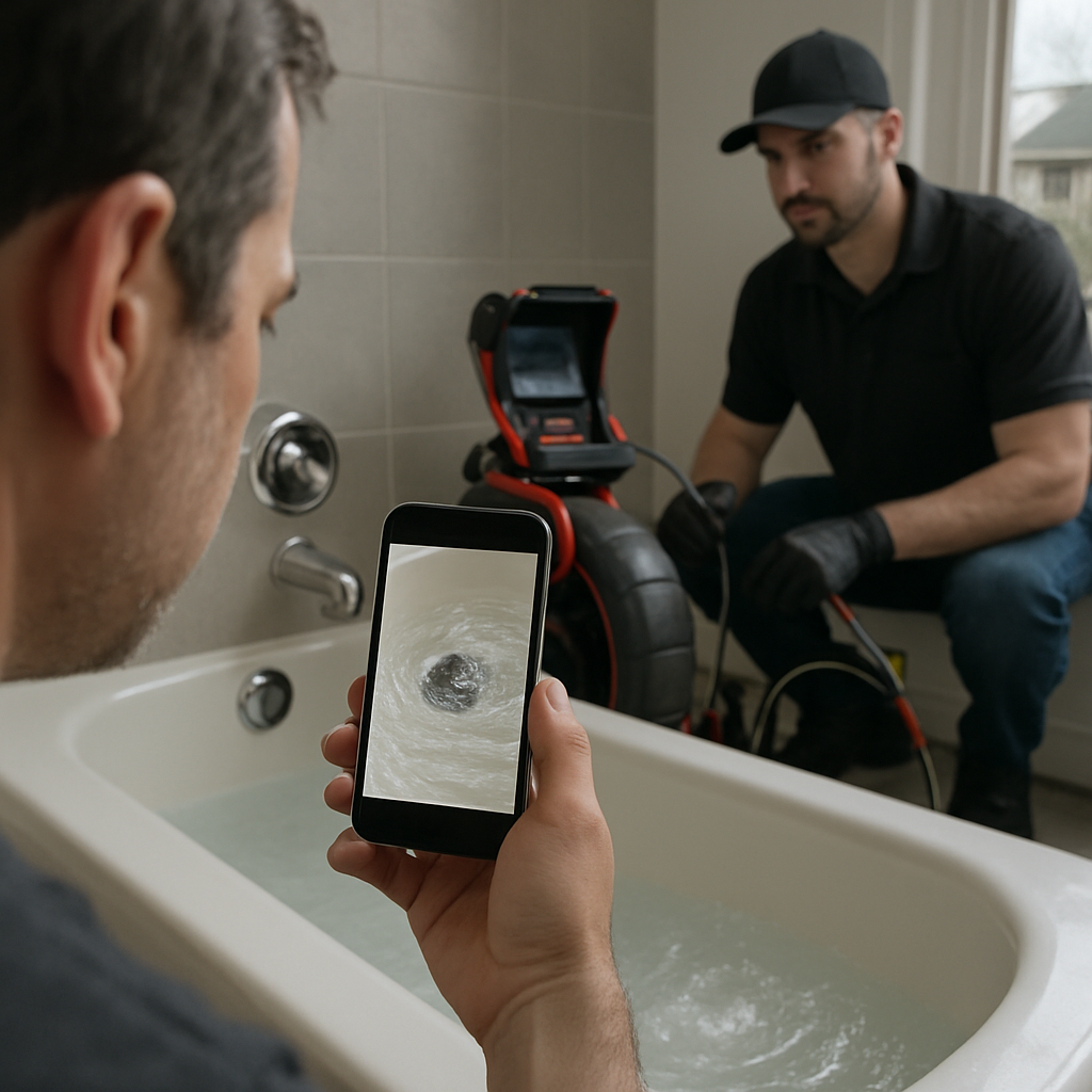 Photo realistic image of a homeowner using a smartphone to video a gurgling bathtub drain while a professional plumber prepares a RIDGID SeeSnake camera in the background; overcast Portland light, residential bathroom, practical, professional mood