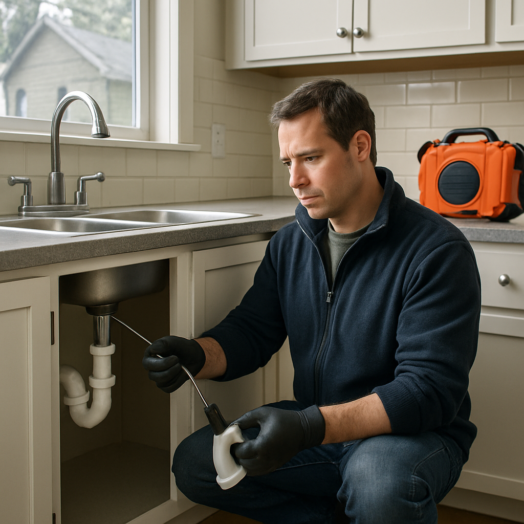 Photo realistic image of a Portland homeowner removing a kitchen sink P-trap with a small hand auger and a RIDGID SeeSnake case visible on the counter, overcast Northwest lighting, tidy residential kitchen, professional mood