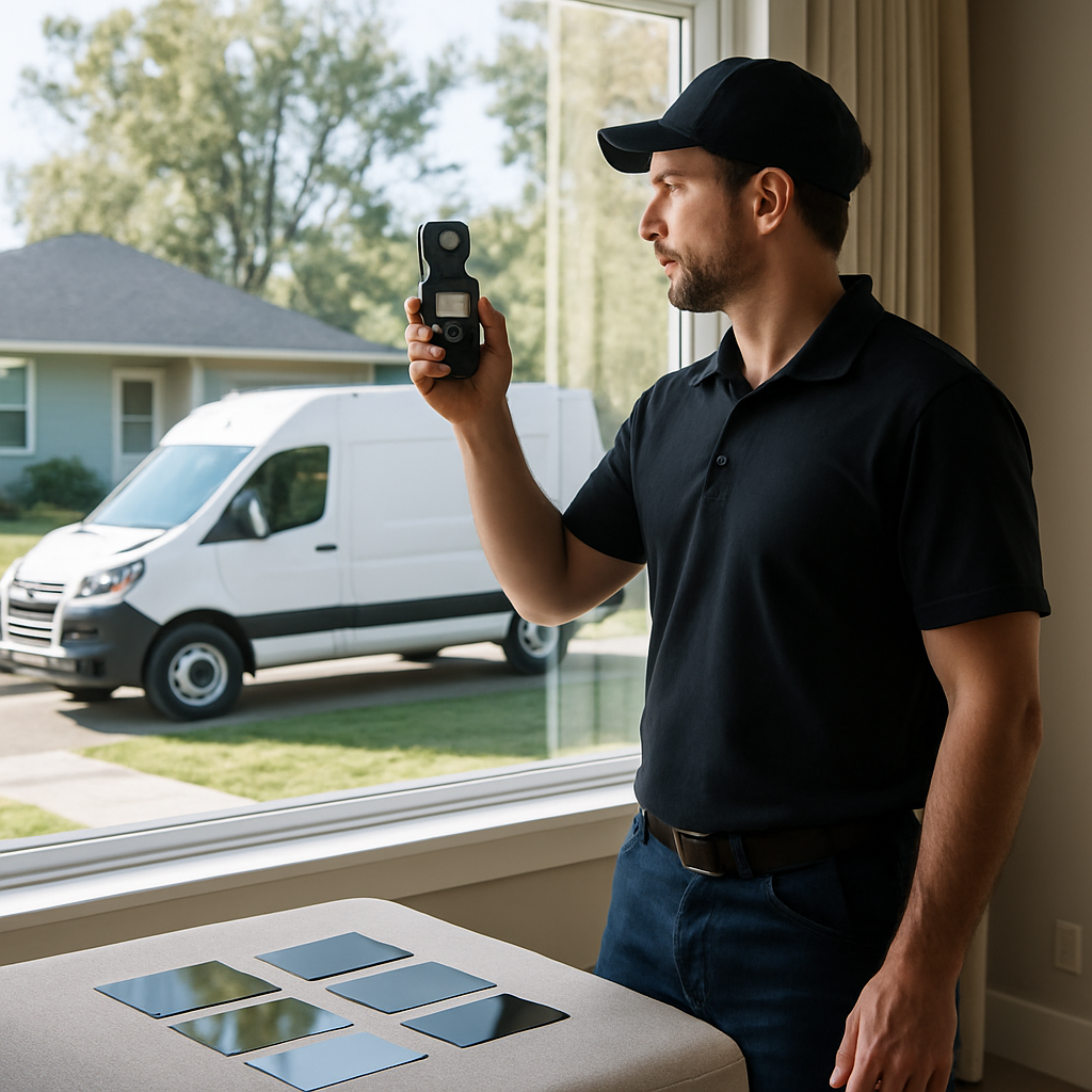 Photo realistic image of a technician in Salem measuring a large west facing living room window with a handheld light meter, sample film swatches laid out on a table, and a professional van parked outside. Mood professional, analytical, clear daylight.