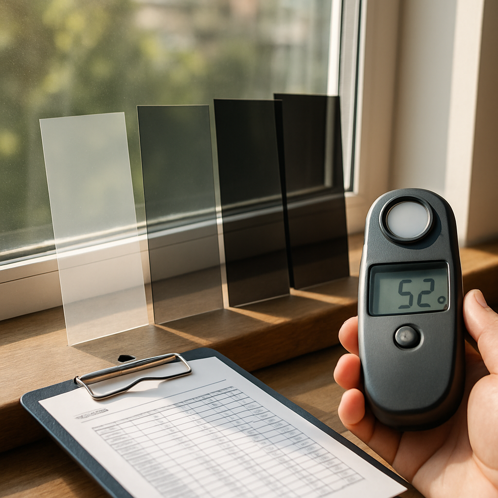 Photo realistic close-up of several window film swatches laid against a double-pane window with sunlight streaming through, a datasheet on a clipboard nearby, and a hand-held light meter displaying VLT readings. Mood professional, analytical.