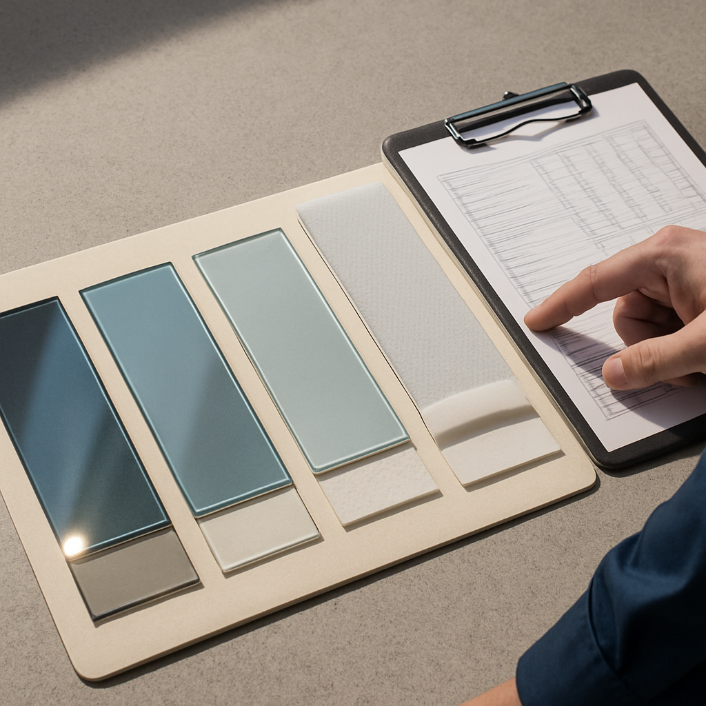 Photo realistic image of five labeled window film swatches (3M Prestige, VISTA IR, 3M Thinsulate, Solar Gard safety film, LLumar Frost) laid on a table with sample panes showing reflected sunlight and a technician pointing at a datasheet. Mood professional, practical.