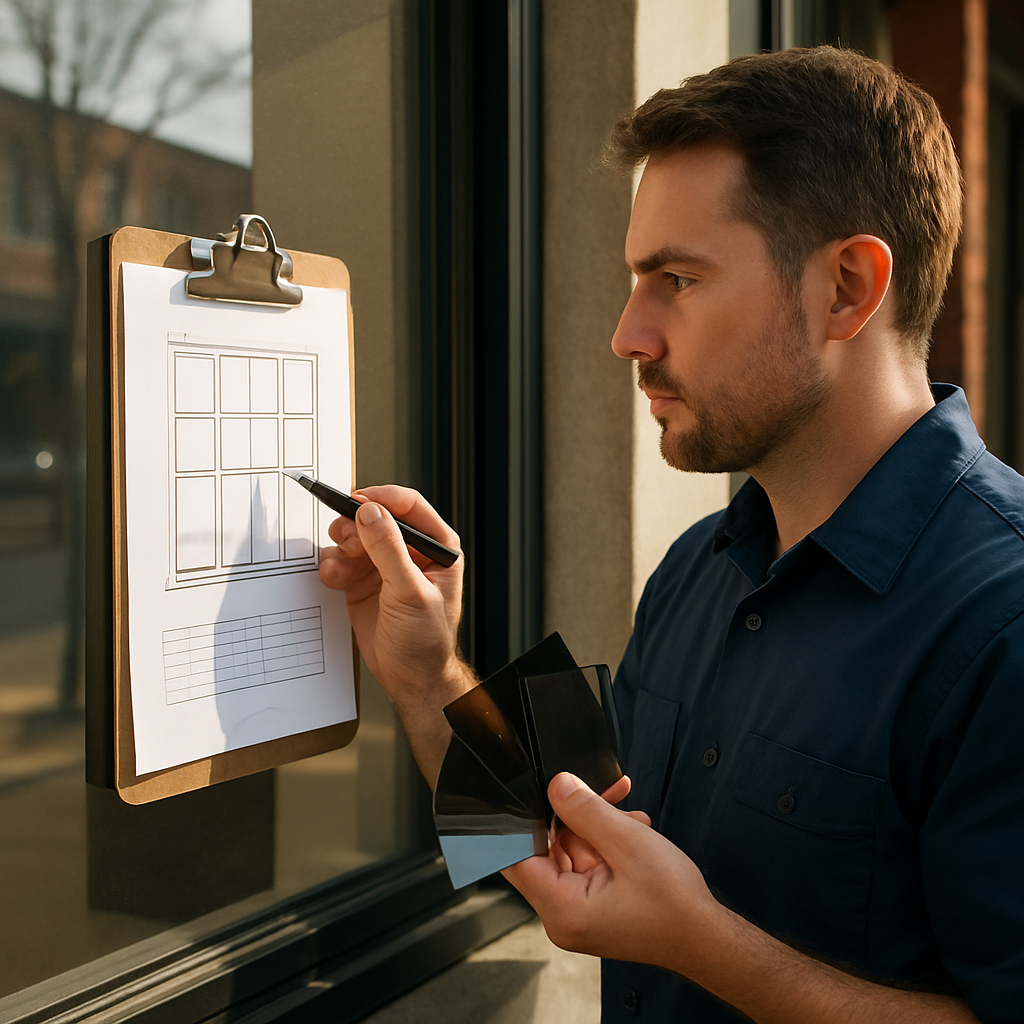 Photo realistic image of a technician in Salem annotating a window elevation map, holding film swatches next to a storefront window with afternoon sunlight, and a labeled datasheet clipped to a clipboard. Mood professional.