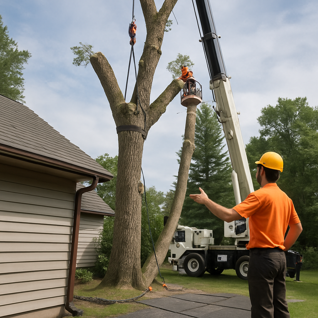 Photo realistic image of a professional crew performing crane-assisted tree removal next to a residential roof, showing rigging, protective ground barriers, and a certified arborist directing work, professional mood