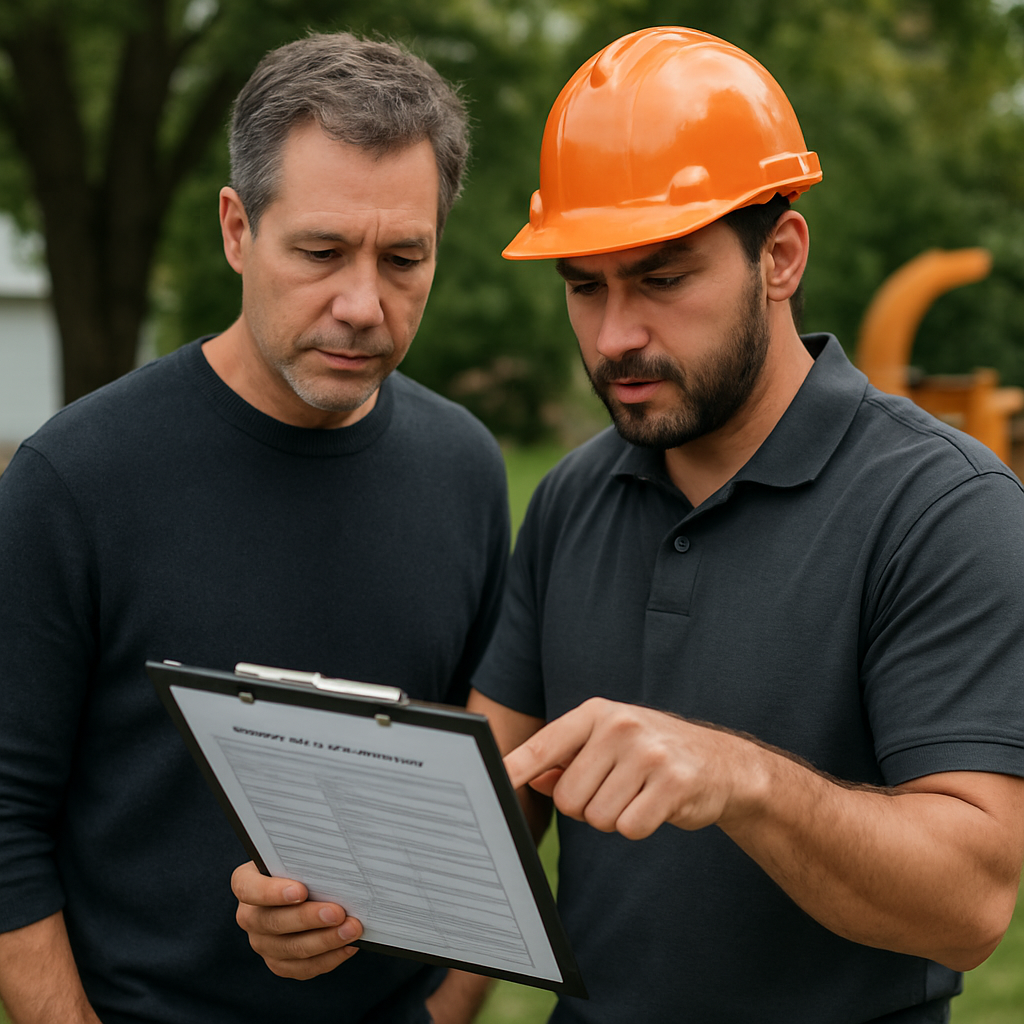 Photo realistic image of a homeowner and a contractor reviewing a certificate of insurance outdoors with a clipboard, the contractor pointing to policy details while a tree and a chipper sit in the background, professional mood